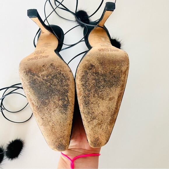 JIMMY CHOO Classic Black Pointy Toe Open Fur Pom Tie Wrap Heeled Mules Shoes 36 - Picture 6 of 16